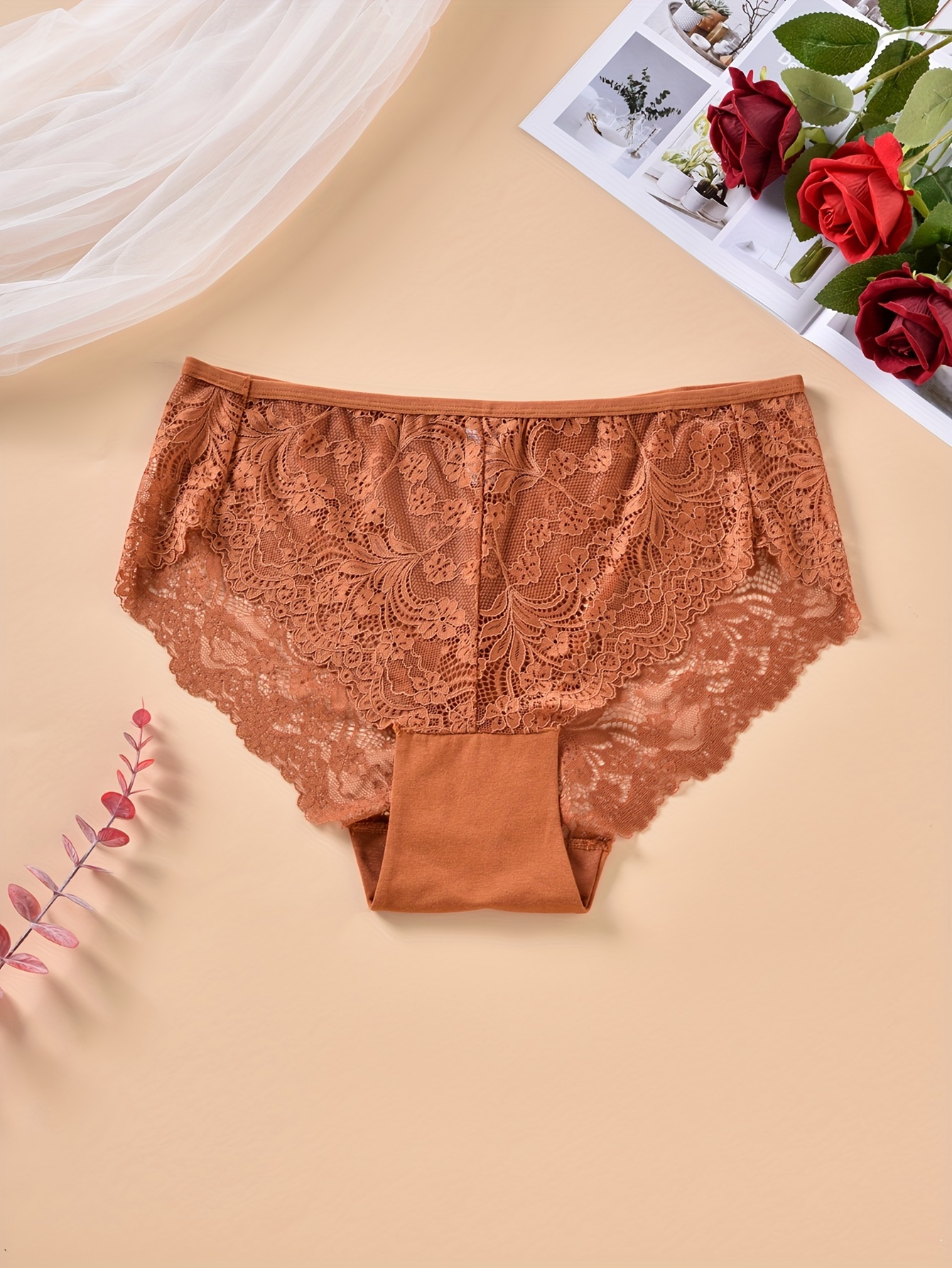 Plus Size Elegant Panty, Women's Plus Solid Contrast Lace High Stretch  Breathable Underwear