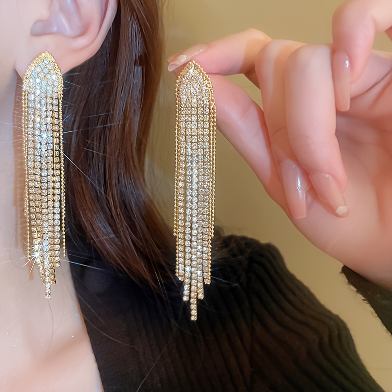 

Stylish Dangle Earrings Sparkling Tassel Design Paved Full Of Shining Rhinestone Golden Or Silvery Make Your Call Match Daily Outfits Party Decor