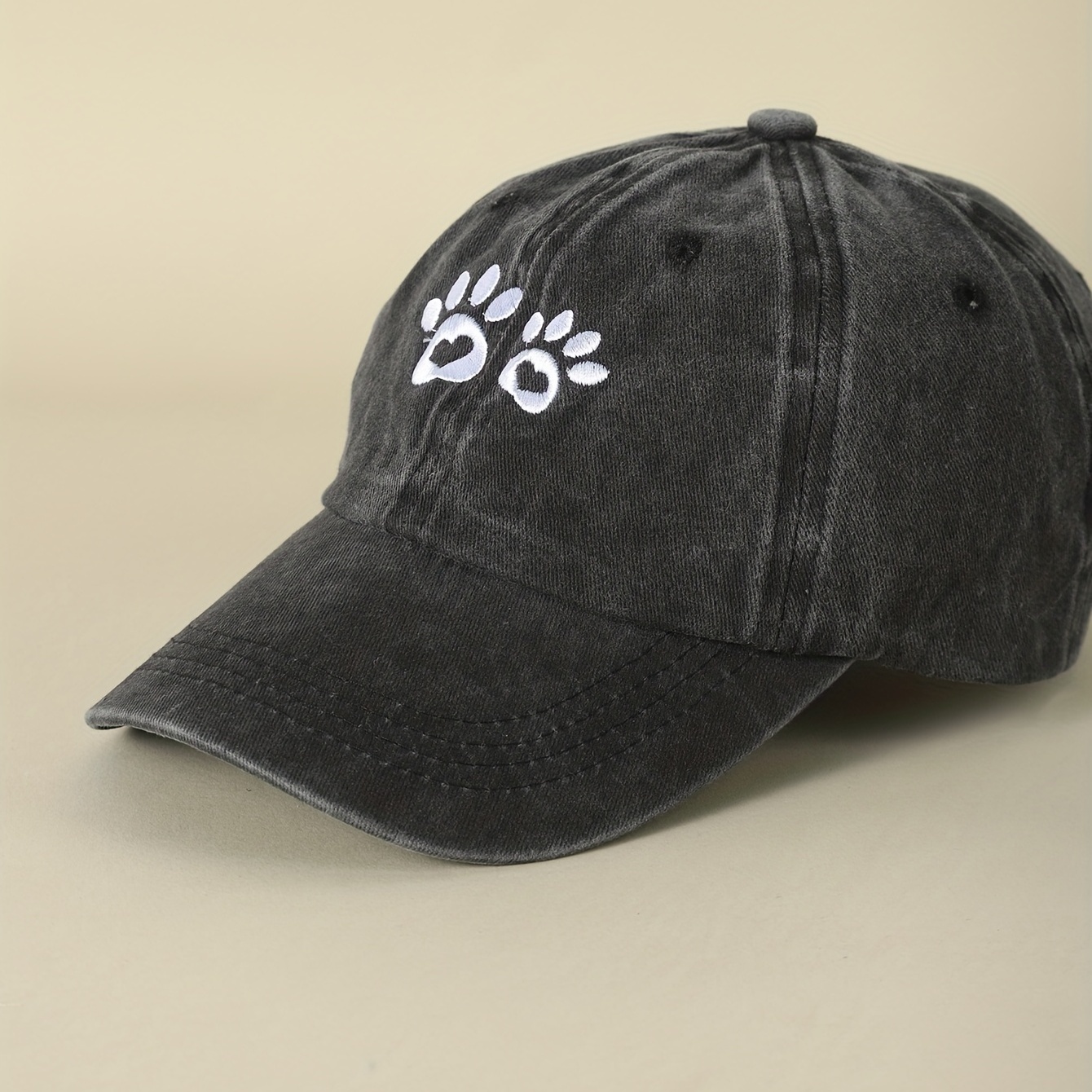 Gray Paw Print Embroidery Baseball Cap Distressed Dad Hat