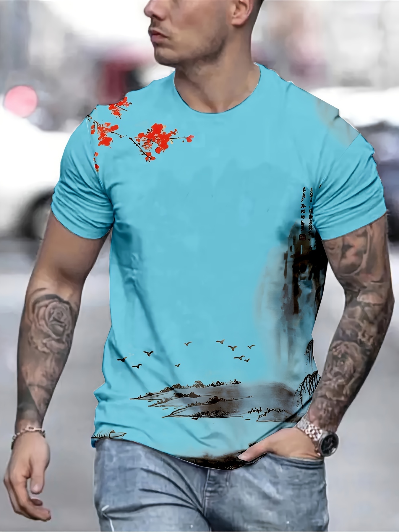Chinese Ink Painting Print T-shirt, Men's Casual Street Style Stretch Round  Neck Tee Shirt For Summer