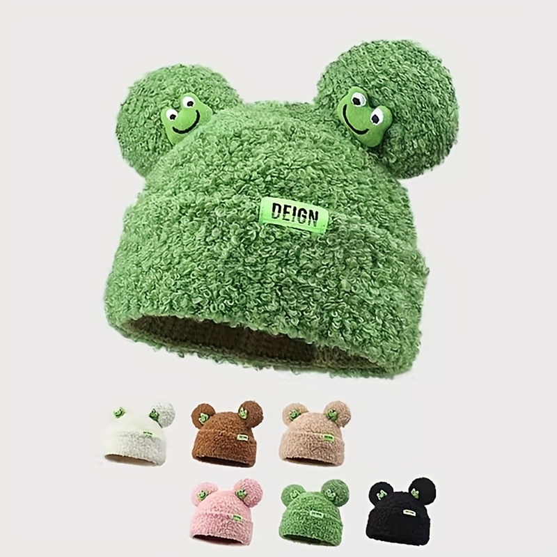 Frog Ears Plush Beanie Knit Hat Cute Green Winter Warm Hat - Temu Canada