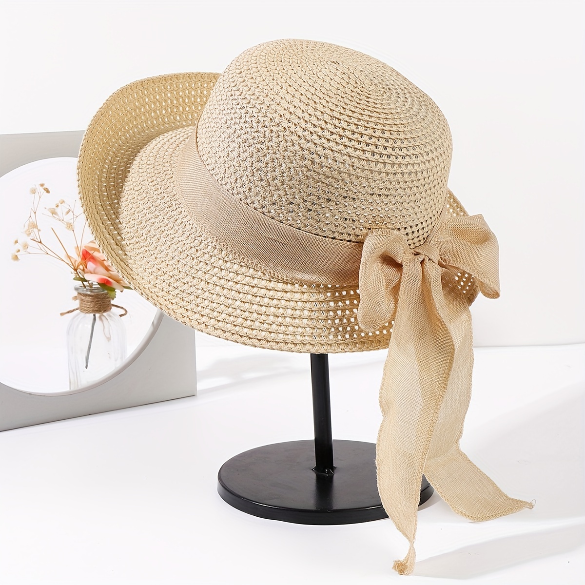 Rolled Brim Vintage Sun Hat, Bucket Hats Bowknot Crochet Sunscreen Straw Hat Foldable Fedora Women Outdoor Travel Beach Hats,Temu