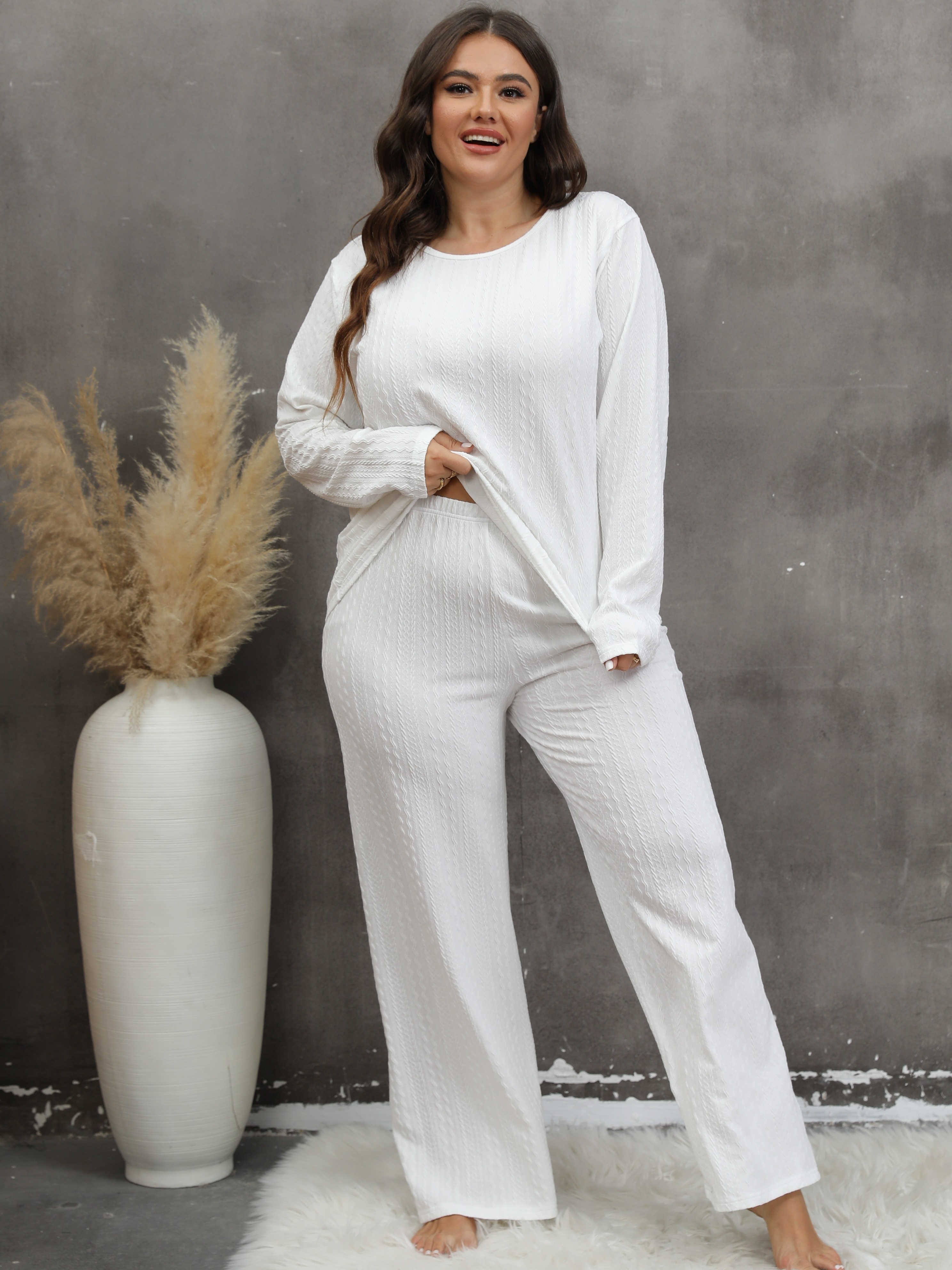 Plus Size Casual Pajama Set Women's Plus Solid Textured Long