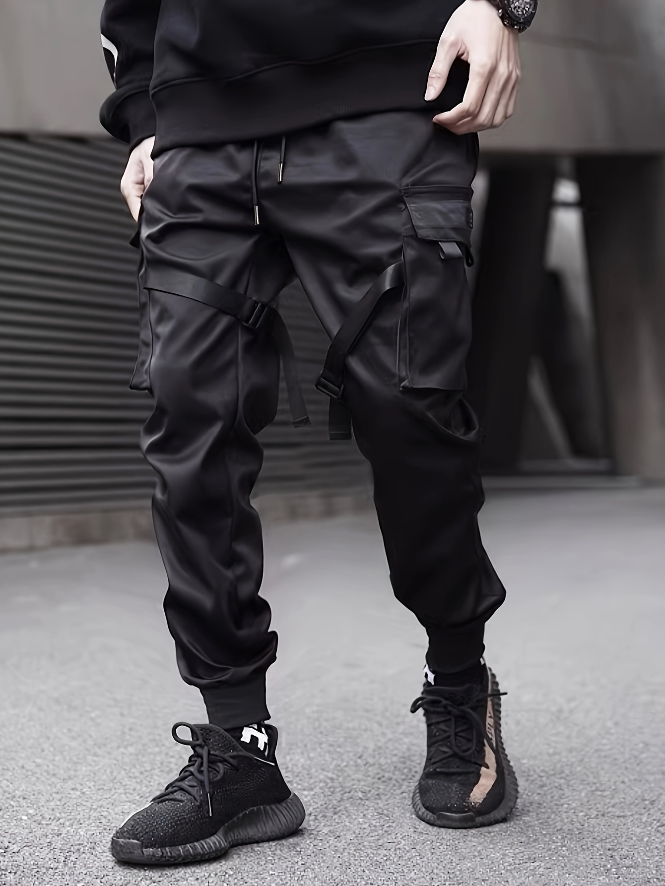 Trendy Plain Black Cargo Pants Men's Multi Flap Pocket - Temu Australia