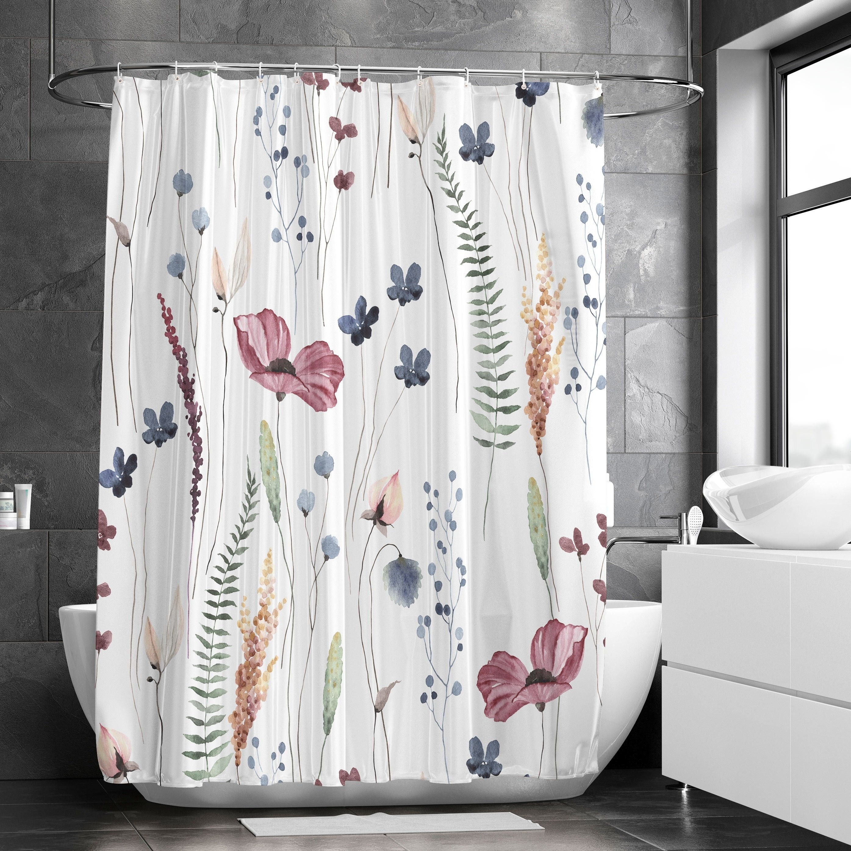 White Shower Curtain Hooks - 12pcs/Set White & Pink Flower Decor
