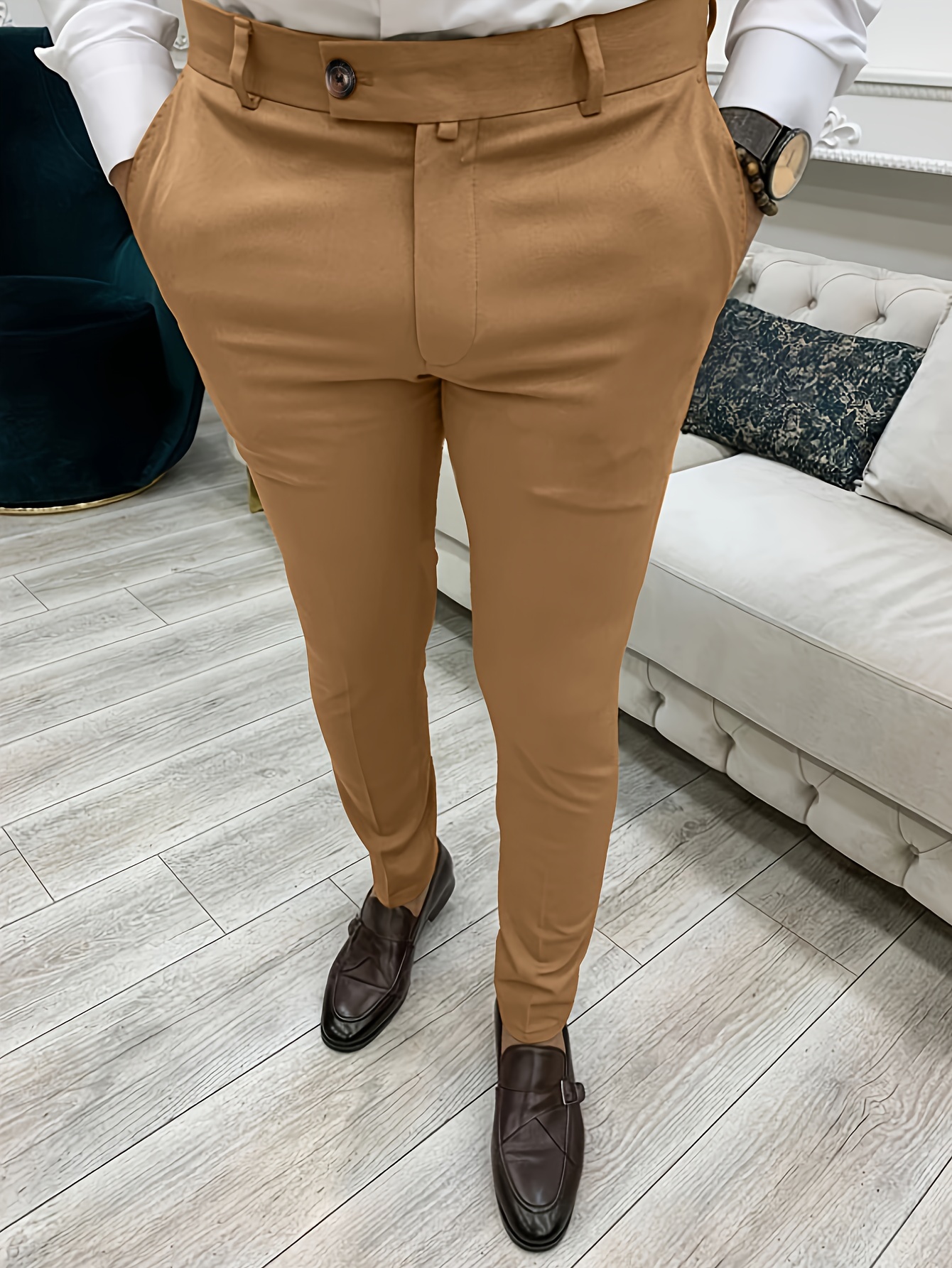 New Men's Plain Tapered Pants Slim Fit Stretch Trousers - Temu Canada