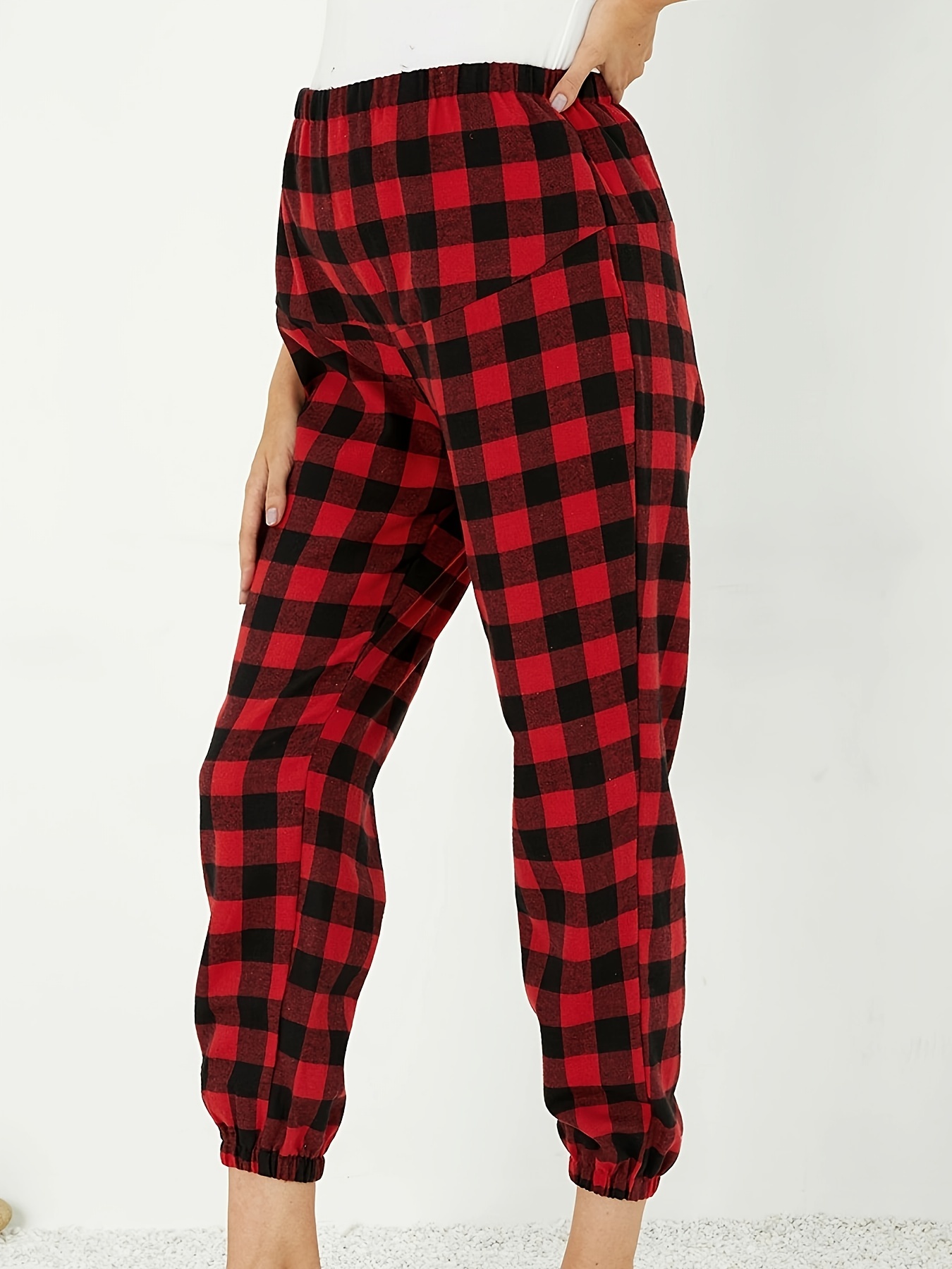 Women's Maternity Casual Stretchy Lounge Pants with Plaid Pattern