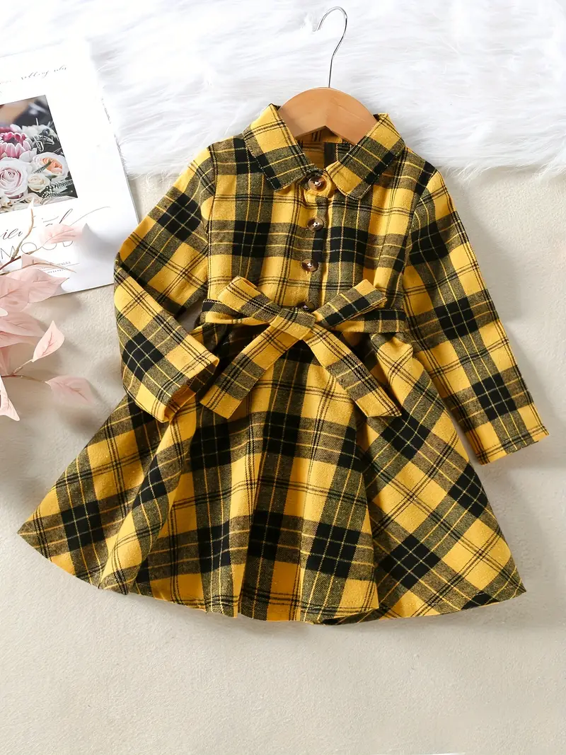 girls classic plaid dress with bowknot belt collar long sleeves dress for spring autumn details 17