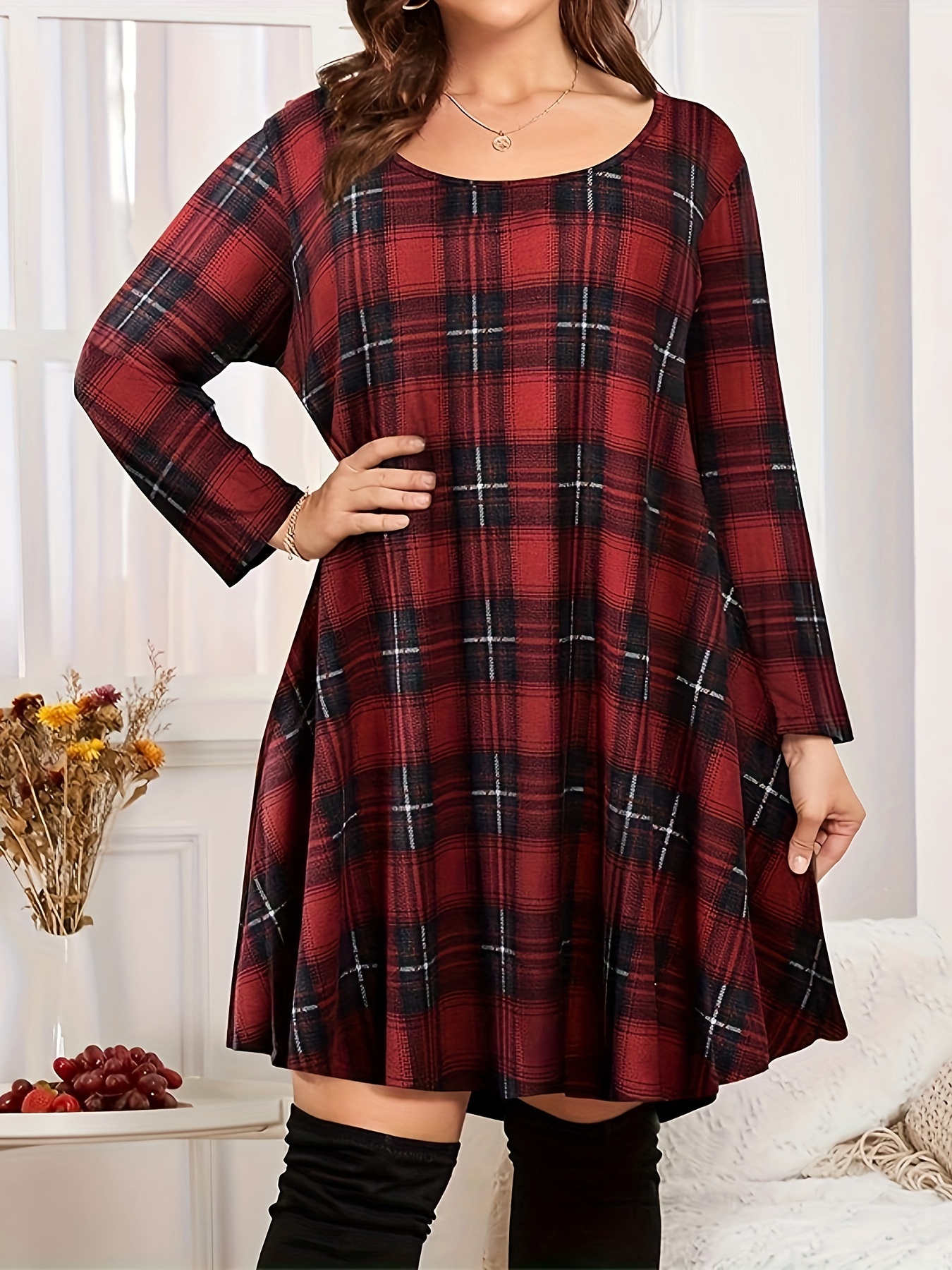 Plus Size Casual Dress Women s Plus Plaid Print Long Sleeve Temu