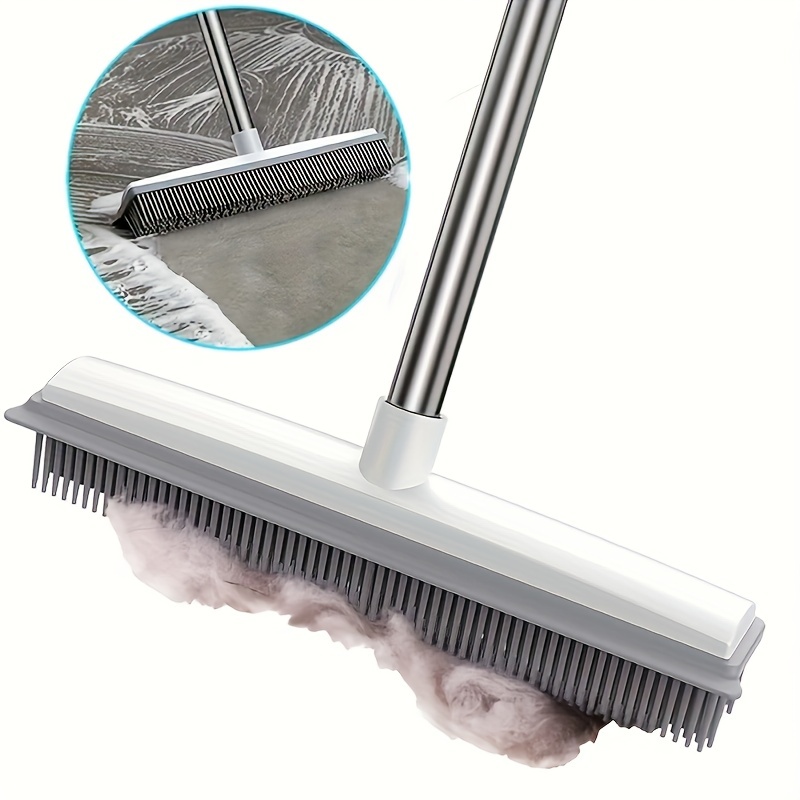 Rubber Broom with Built in Squeegee for Pet Hair Remove Soft Bristle Rubber  Sweeper with 47.2inch Adjustable Stainless Steel Long Handle Soft Bristle