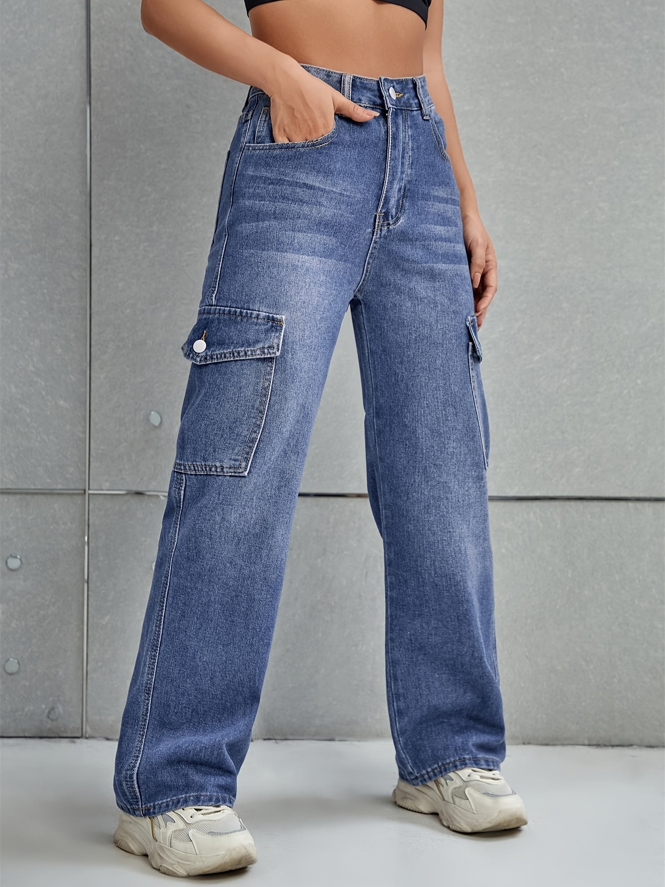 Blue Flap Pockets Cargo Pants High Waist Straight Legs - Temu Norway