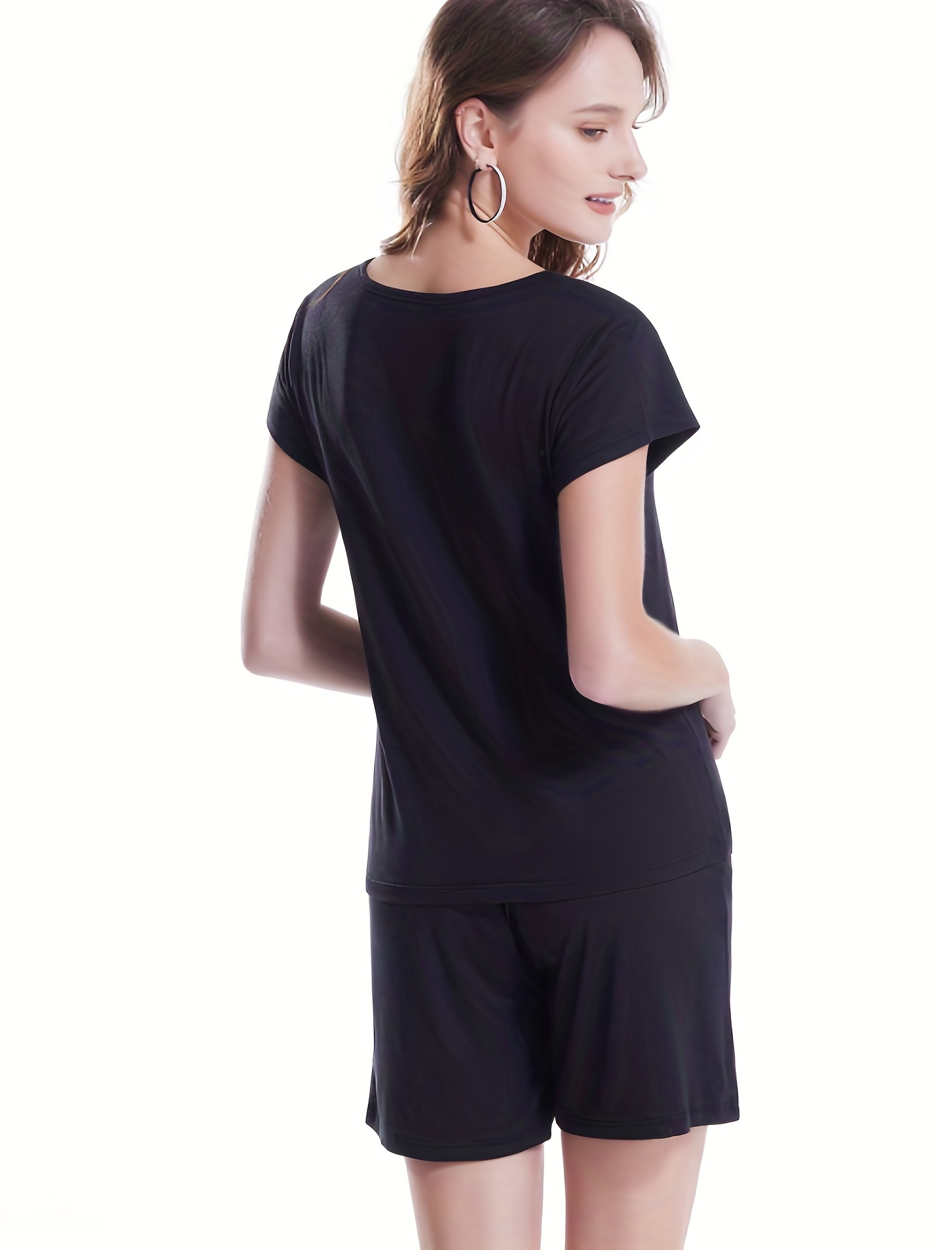 Solid Lounge Set Crew Neck Top & Lace Up Shorts Women's Loungewear