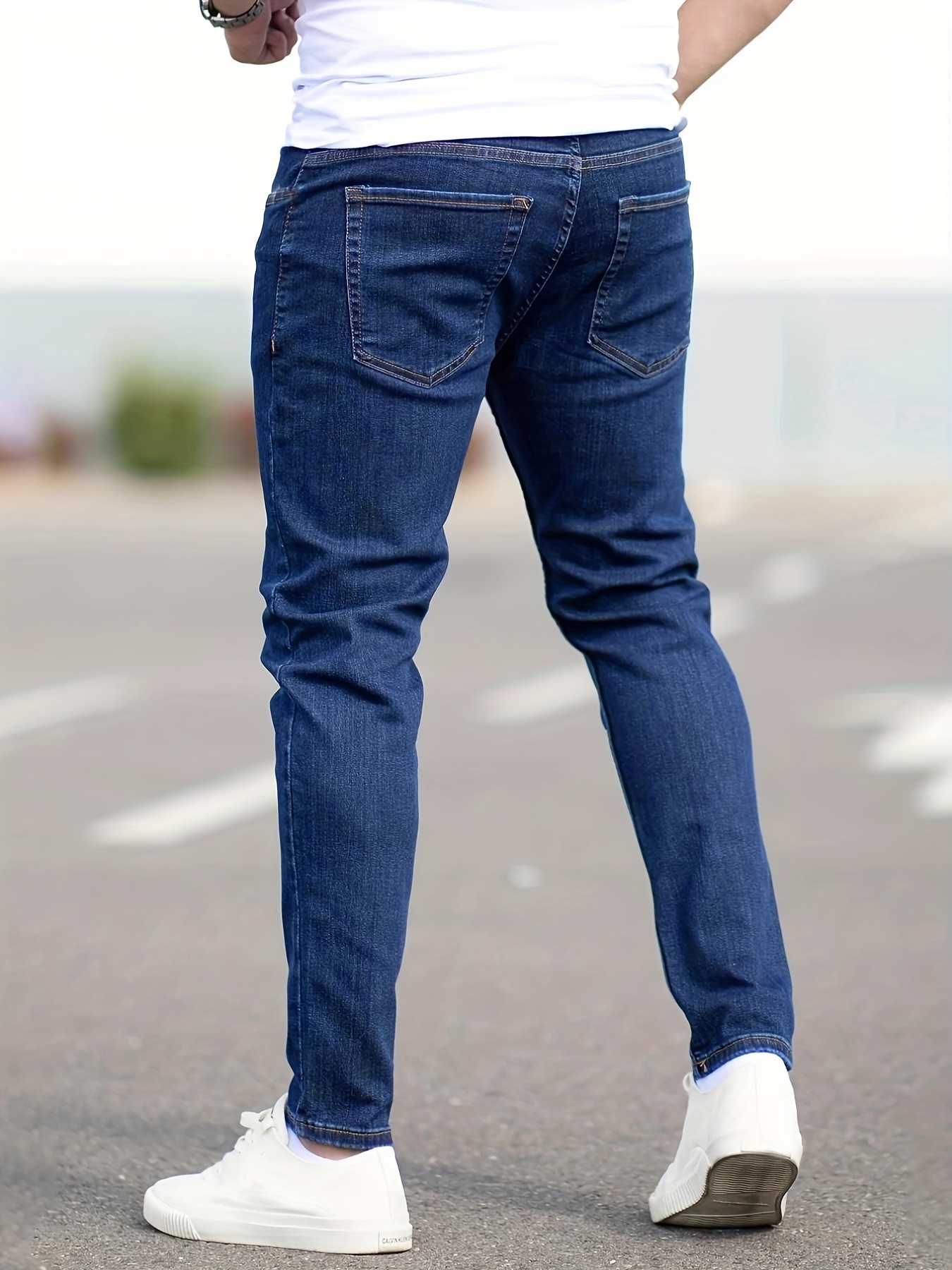 Contrast Stitching Slim Fit Jeans, Men's Casual Street Style Mid Stretch  Denim Pants For Spring Summer - Temu Israel