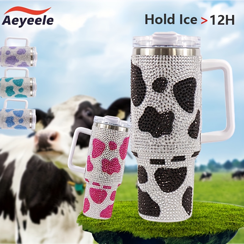 Cow Print Studded Tumbler With Lid And Straw Stainless Steel - Temu