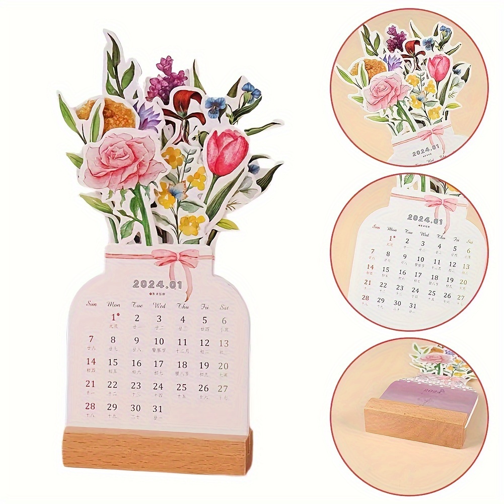 2024 Bloomy Flower Desk Calendar Creative Wooden Card - Temu