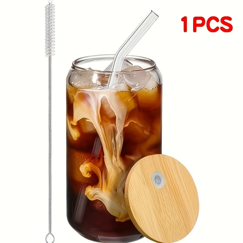 LUOZZY 2 vasos para beber con tapas de bambú y popote de vidrio en forma de  lata, vasos de café helado para cóctel, 400 + 18.3 fl oz