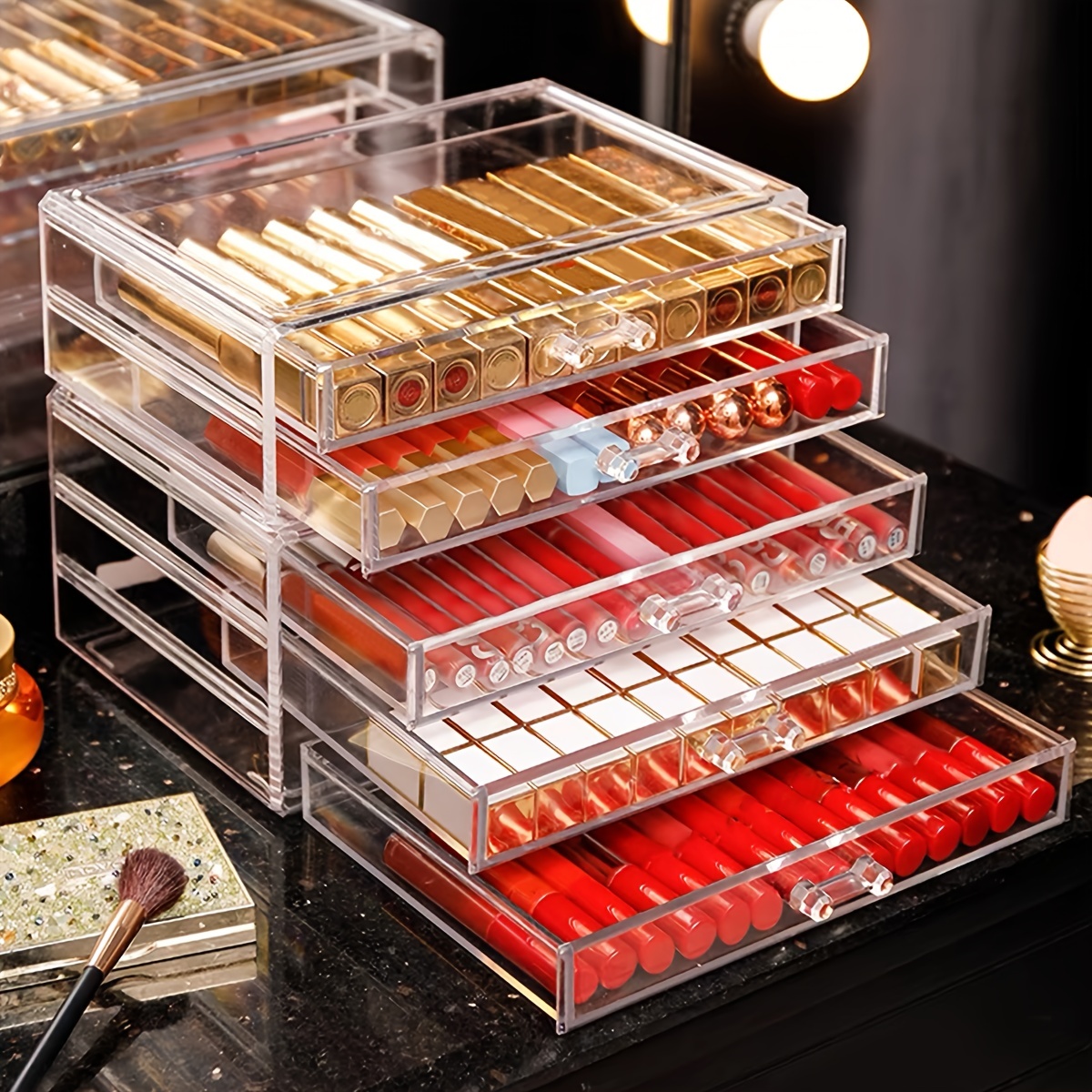 

1pc Clear Acrylic Makeup Organizer With Drawers For Lipstick, Lip Gloss, And Beauty Tools - Plastic, Easy Insert Installation, Dust-proof, Large Capacity Storage Box