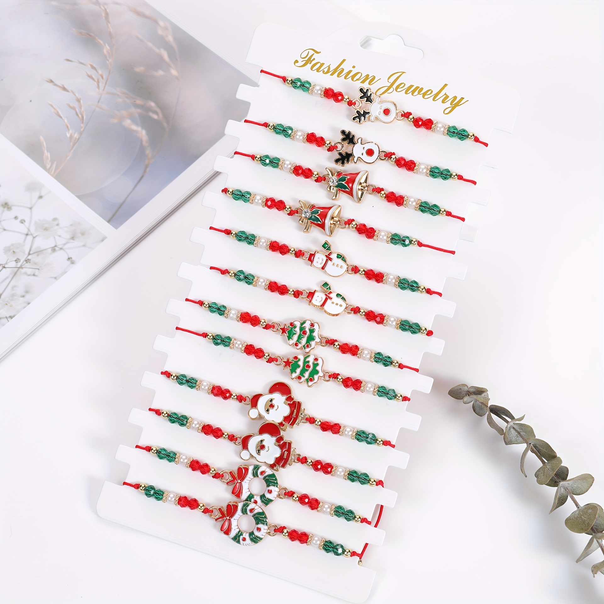 

12pcs Red Rope Bracelet Set Christmas Snowman Reindeer Bell Christmas Tree Hand Rope Set Xmas Gift