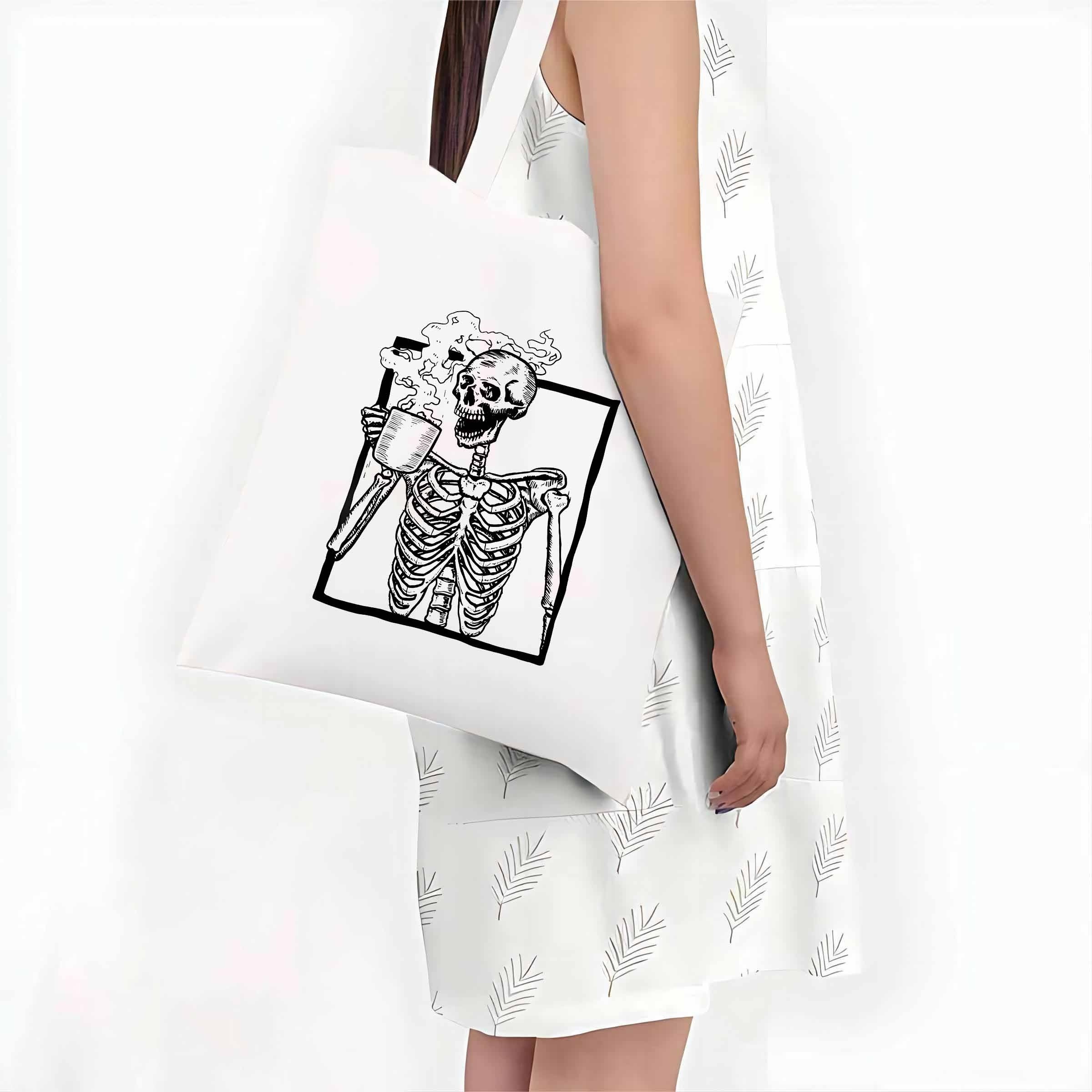 Fashionable Skull Printed Canvas Shopping Bag, Versatile