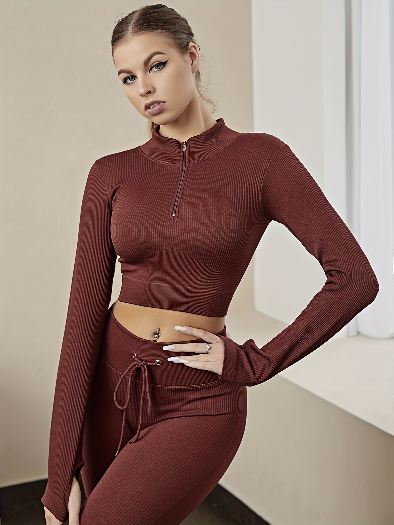 Solid Crew Neck Long Sleeve Crop Top Stretchy High Stretch - Temu