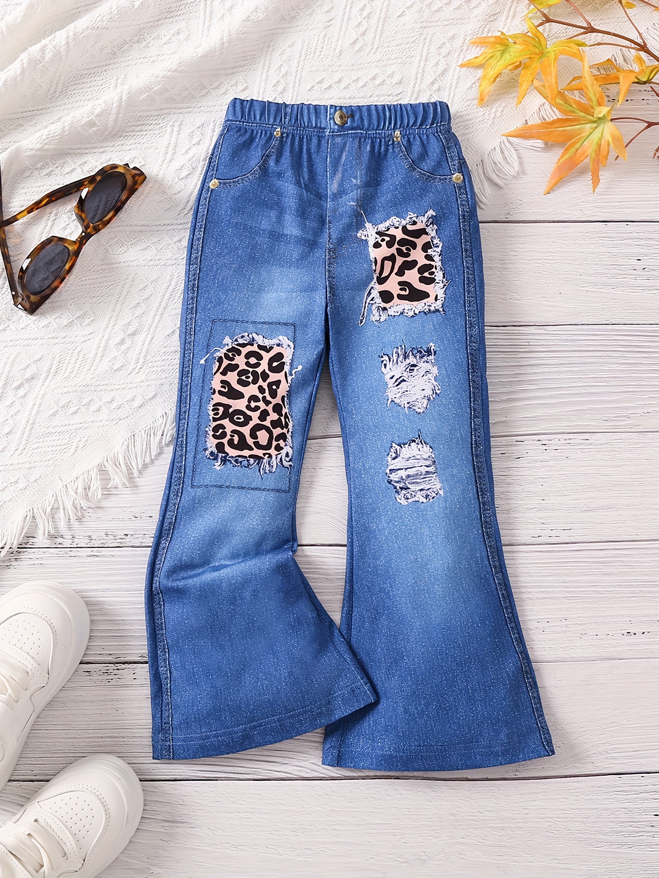 Girls Trendy Leopard Graphic Flared Trousers Imitation Denim - Temu Canada