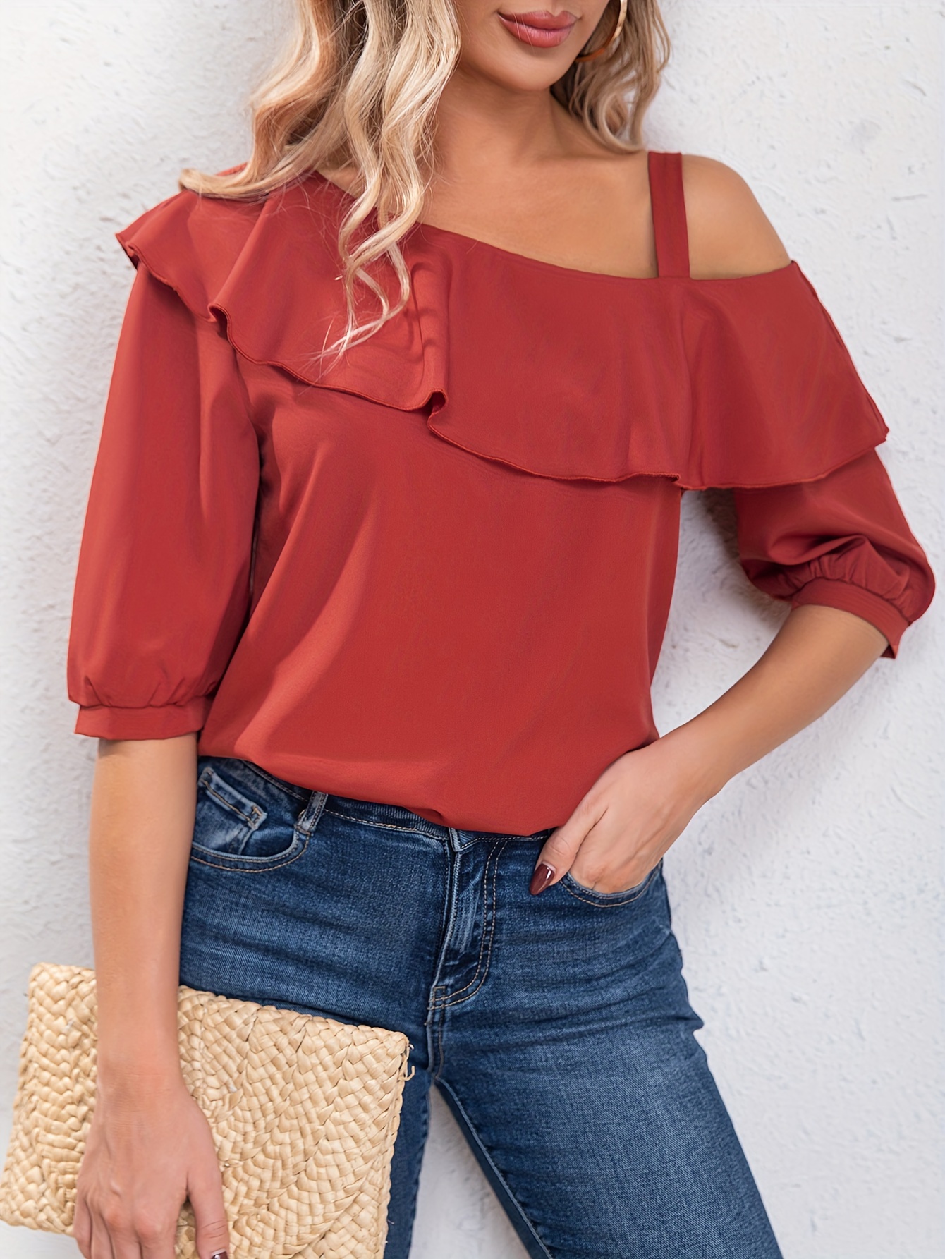 Red half shoulder top new arrivals