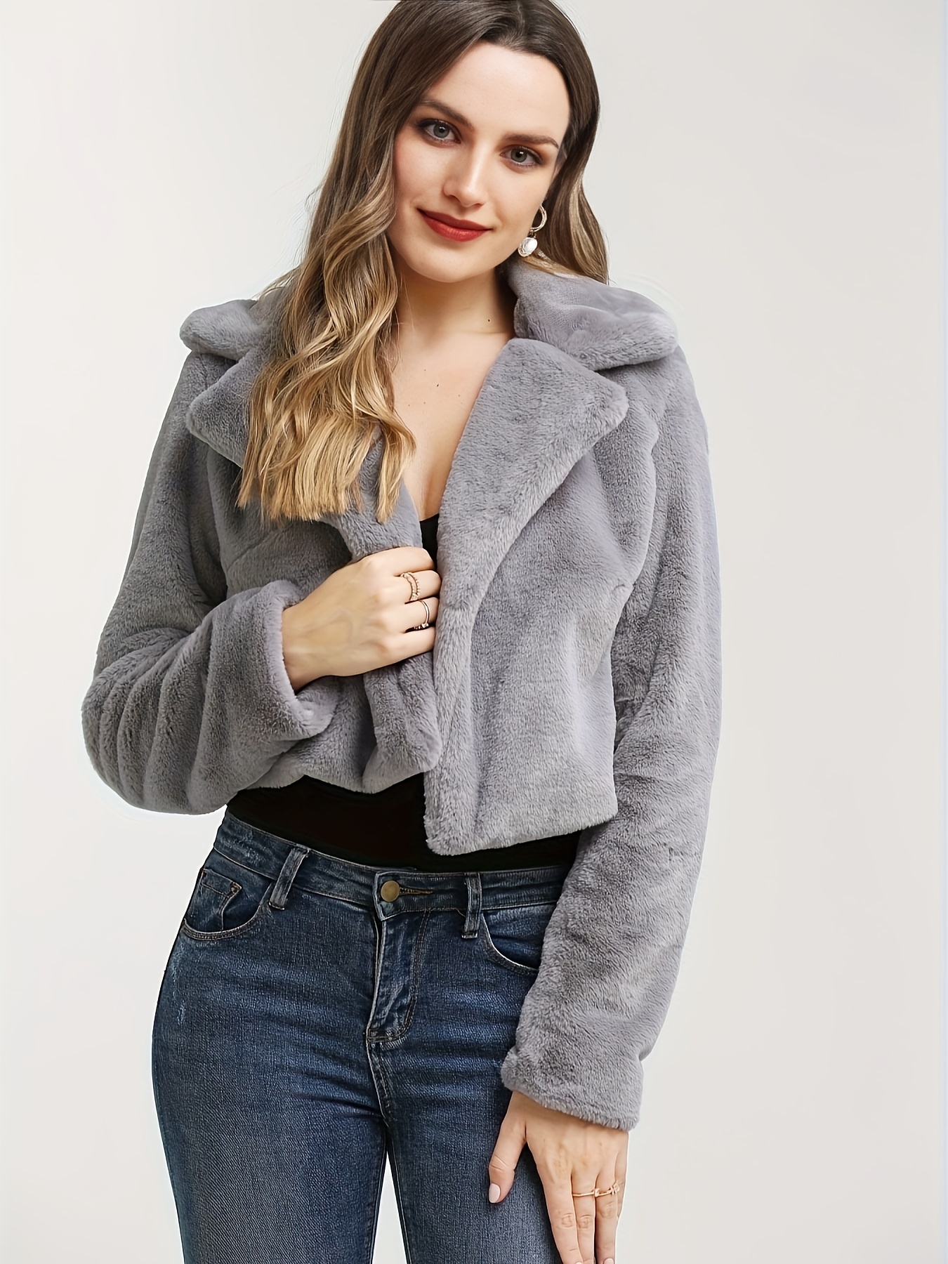 White Faux Fur Coat Women Winter Cropped Bubble Coats Lapel Collar Jackets  Fuzzy Fluffy Warm Outerwear