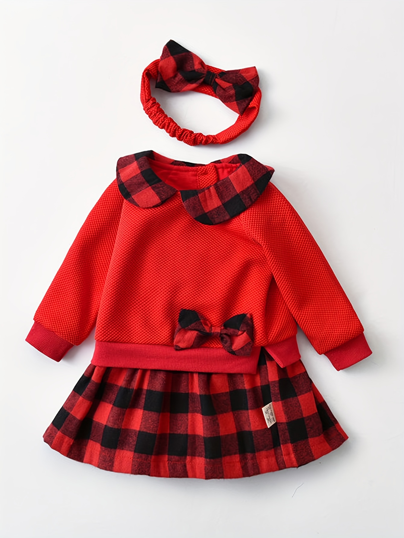 Baby Girl Allover Cartoon Bear Print Red Plaid Flutter-sleeve Ruffle Hem Dress