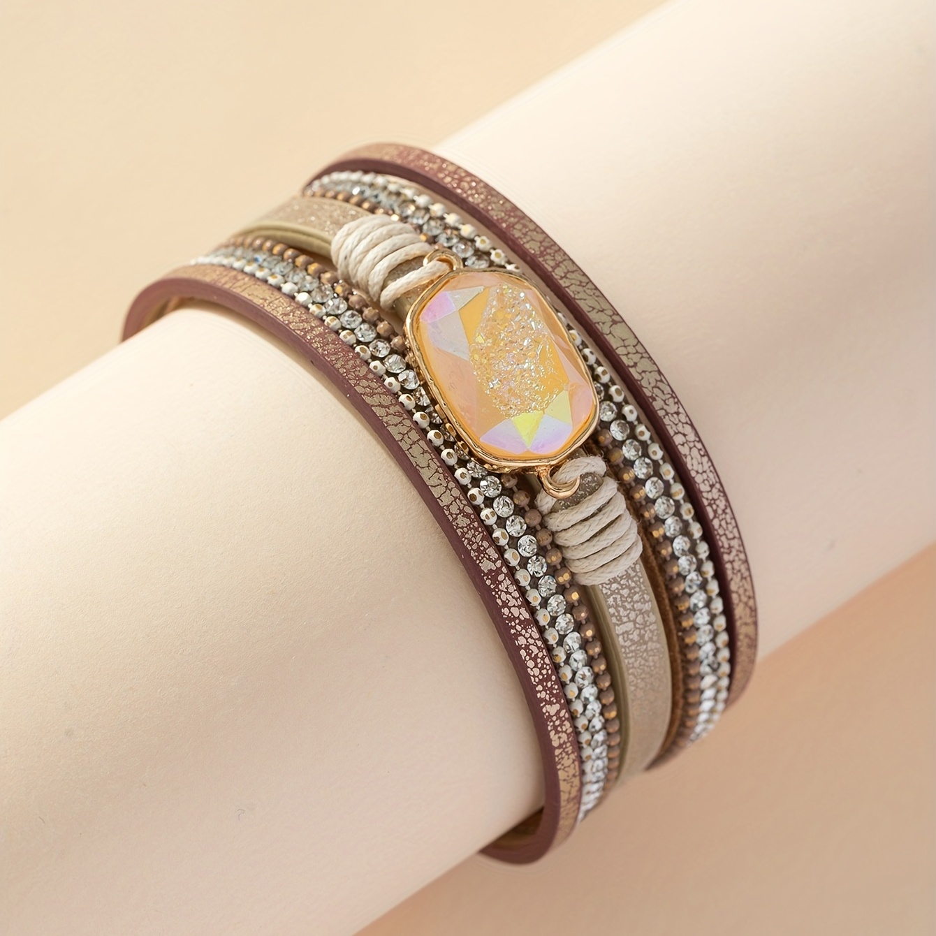 Boho Multicolor Leather Resin Rhinestone Bracelet