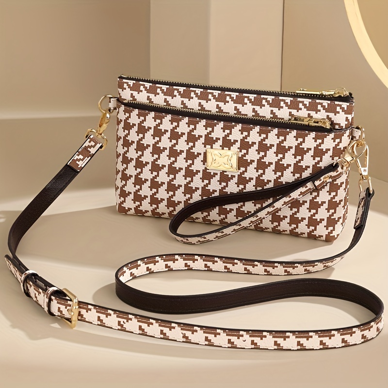 Houndstooth Crossbody Bag Clutch Wallet Zipper Wrist Purse