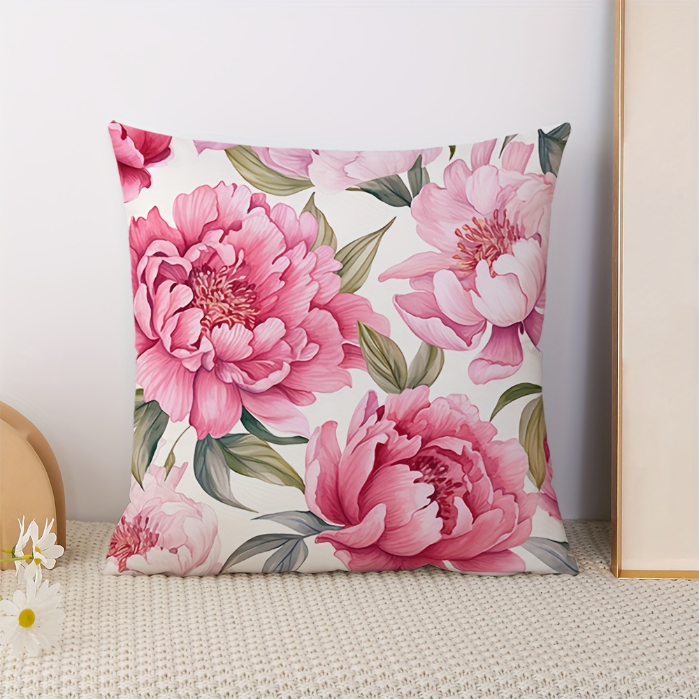 

1pc, Pink Floral Throw Pillow Covers Decorative Square Cushion Cover Luxury One-sided Printed Decoration Flower Pillowcase For Sofa Living Room Bedroom Decor 18x18 Inch No Pillow Core