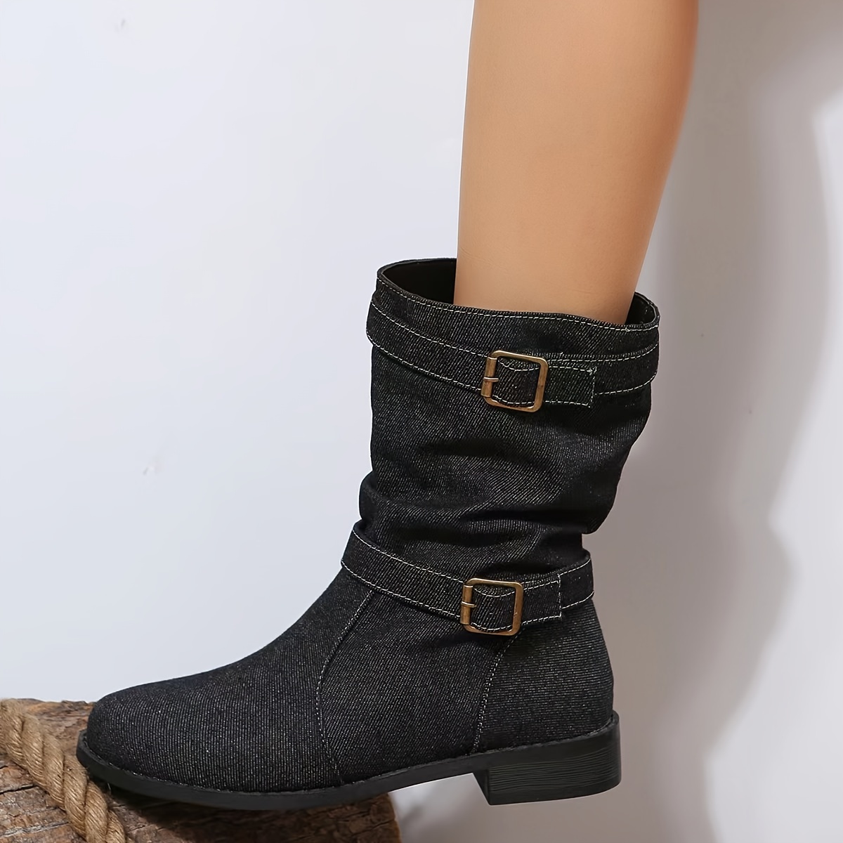 Women's Denim Mid Calf Boots, Buckle Strap Slouchy Pull On Cowboy Boots,  Fashion Chunky Low Heeled Boots - Temu