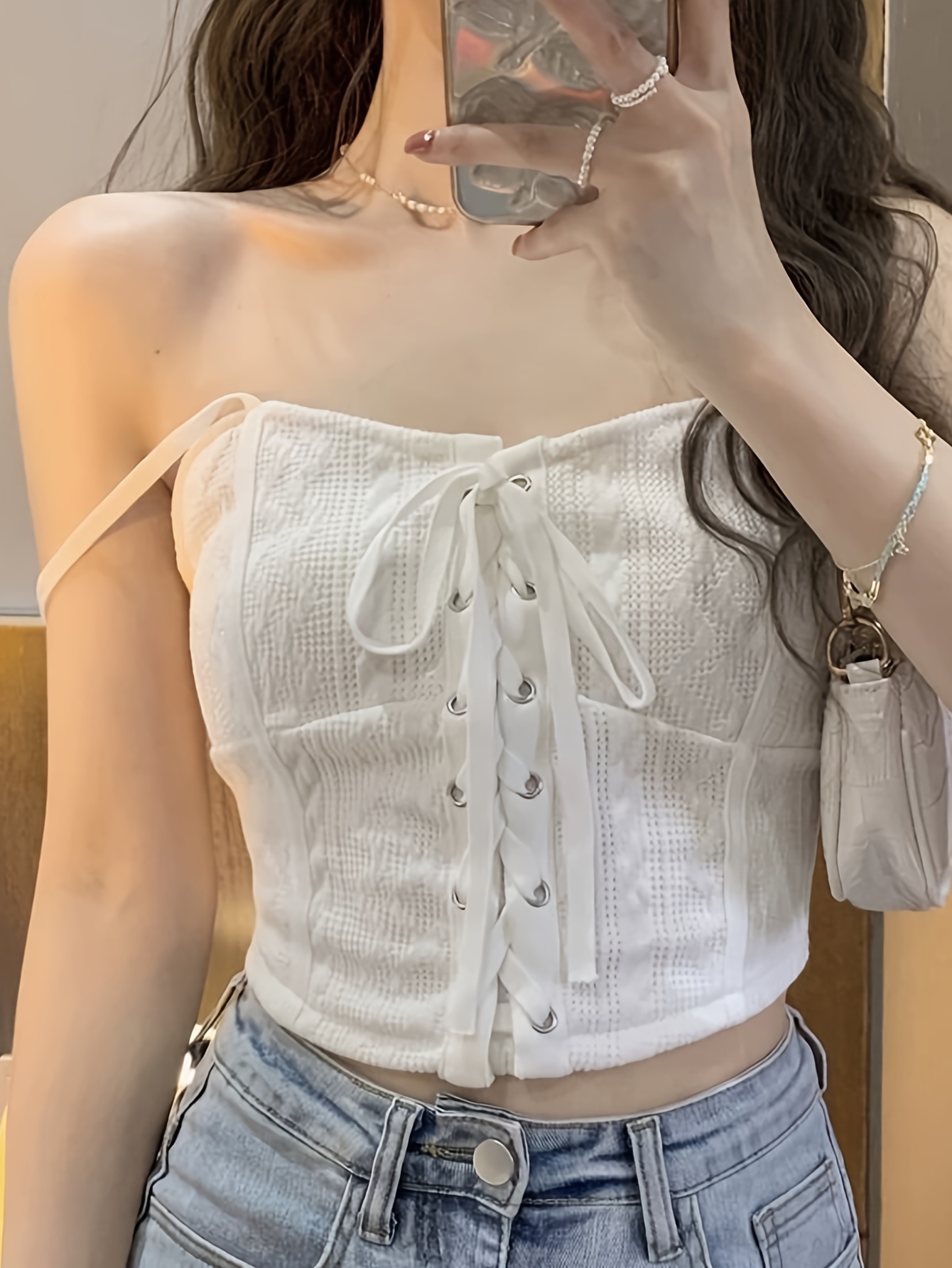 Lace Up Crop Cami Top, Chic Sleeveless Strap Top For Summer, Women's  Clothing For Coquette/Cute/Y2K Style