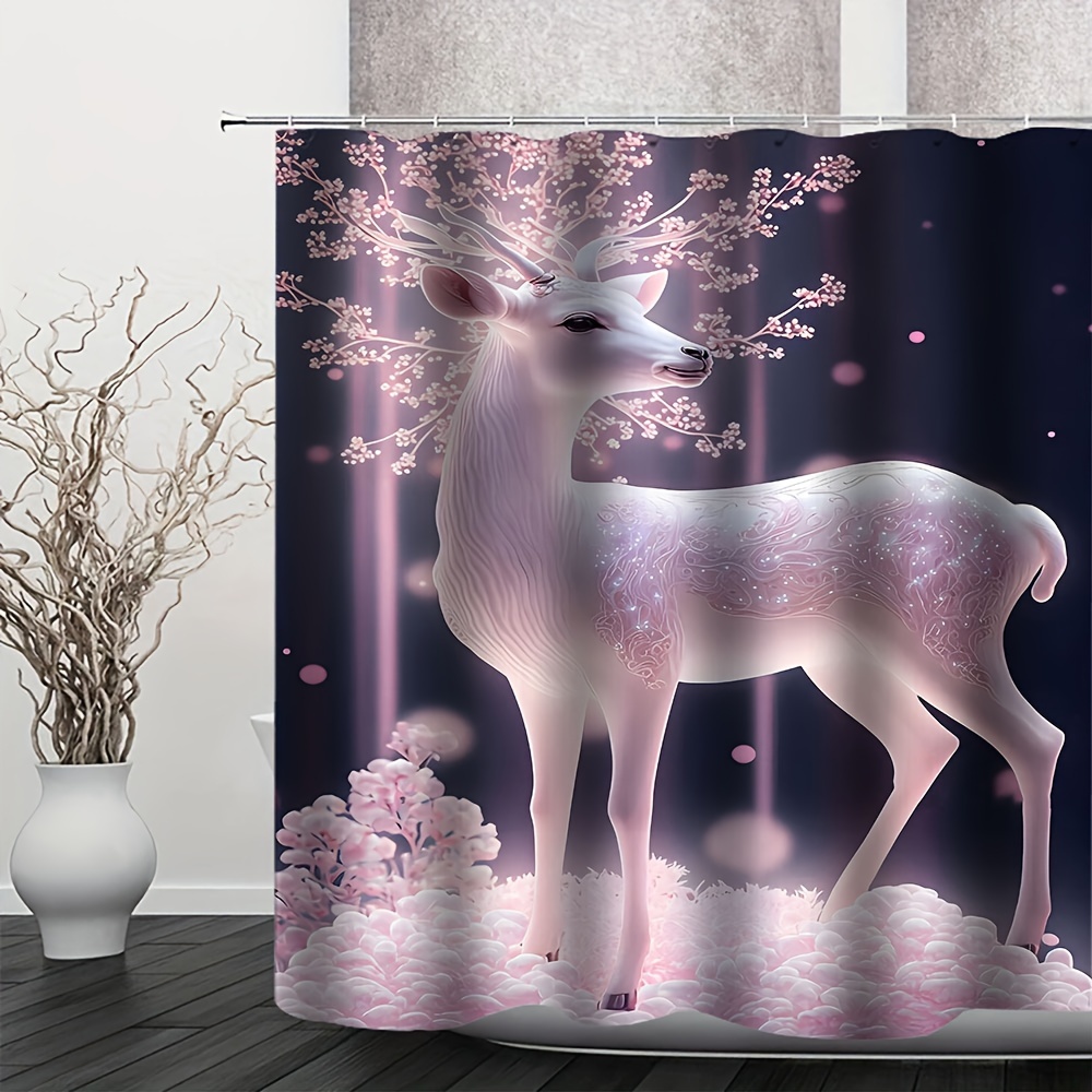 Deer Print Shower Curtain Set, Bathroom Rug, U-shape Mat, Toilet