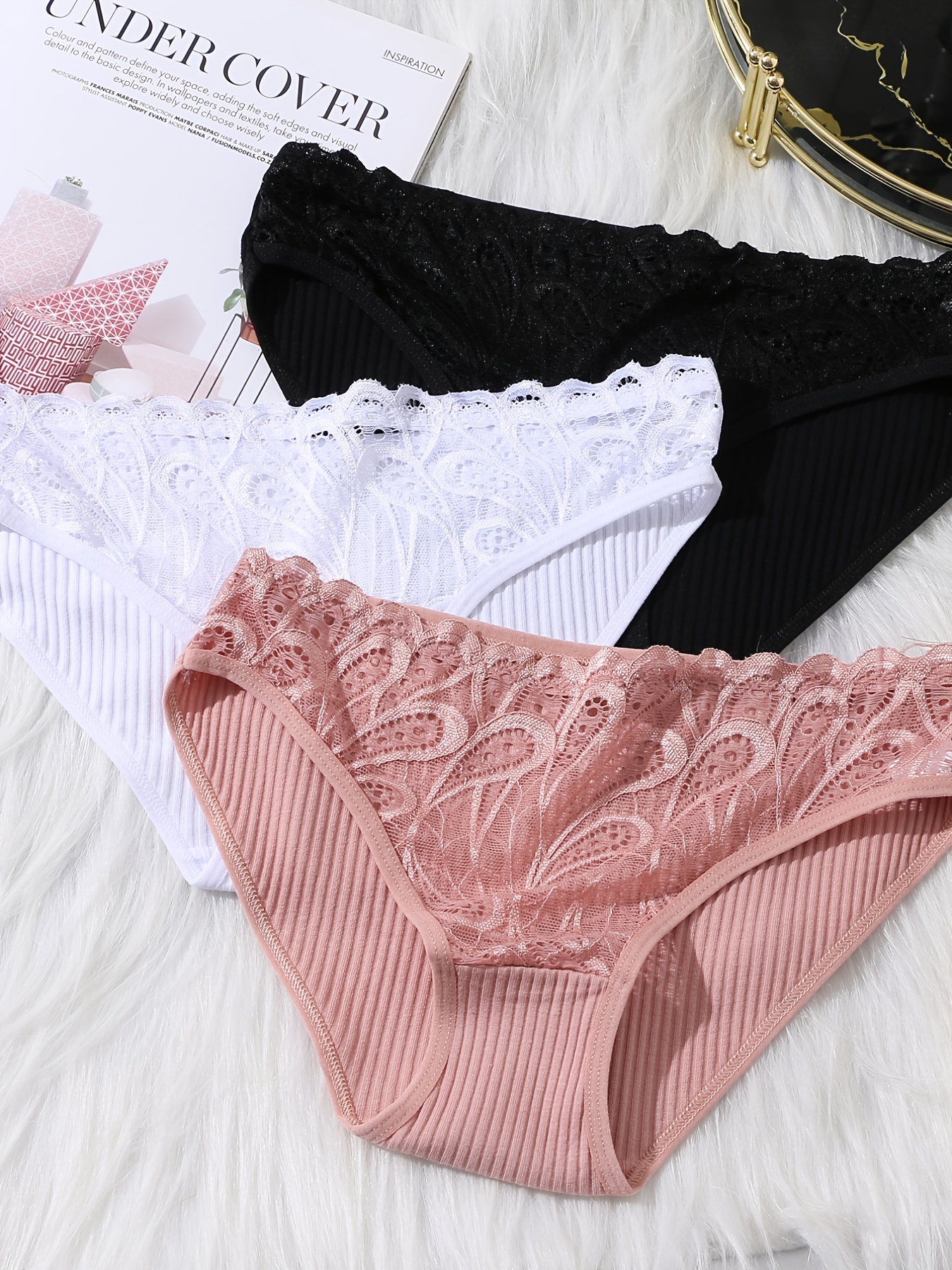 3pcs Valentine's Day Lace Contrast Bikini Panties, Semi-Sheer Ribbed *  Waist Comfort Briefs, Women's Underwear & Lingerie