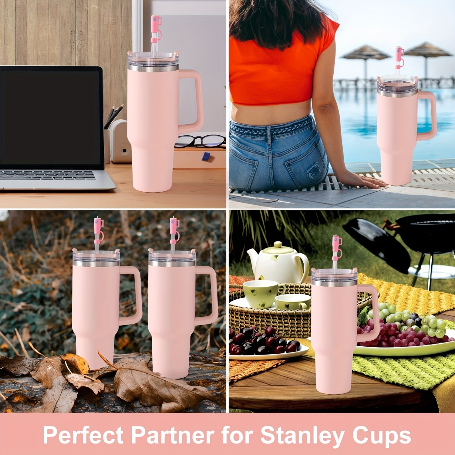 Spill Proof Stopper Silicone Set for Stanley Cup 30oz 40oz Tumbler H2.0,  Include 2 Straw Cover Sets, 2 Round Leak Stoppers and 2 Square Spill
