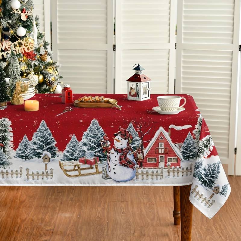 1buc, Față de masă din poliester, Husă de masă pentru Crăciun Fericit, Față de masă cu model Om de zăpadă cu fulgi de zăpadă, Decor de masă cu atmosferă de Crăciun, Față de masă din stofă pentru decorarea biroului de vacanță, Decor pentru casă, Decor de Crăciun, Cadou 0