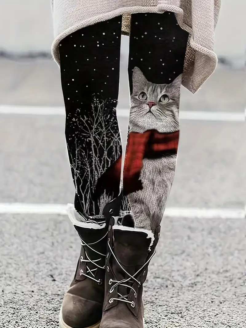 Cat Print Skinny Leggings Casual High Waist Leggings Fall - Temu
