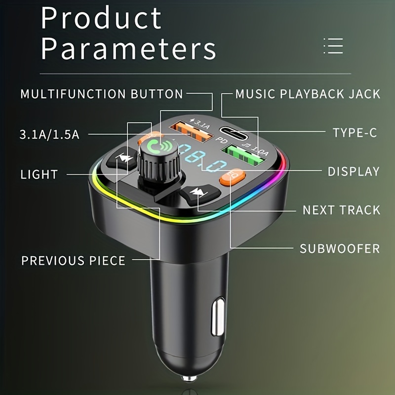 Transmisor FM Bluetooth para coche, BT 5.0 y QC3.0 Adaptador de audio FM  inalámbrico Reproductor de música Kit de coche con retroiluminación de 6