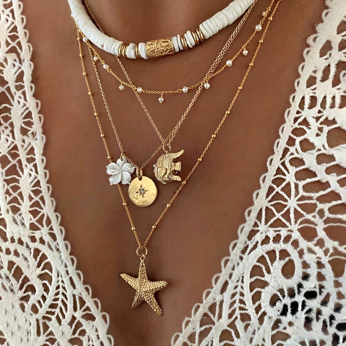 

Starfish Fish Flower Elephant Decor Charm Necklace Multi Layered Pendant Necklace Boho Beach Style Necklace Accessories