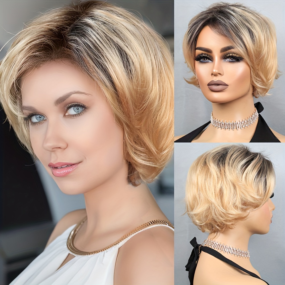 Short Wig With Bangs Pixie Cut Synthetic Wigs For White Women Layered Straight Wig Natural 