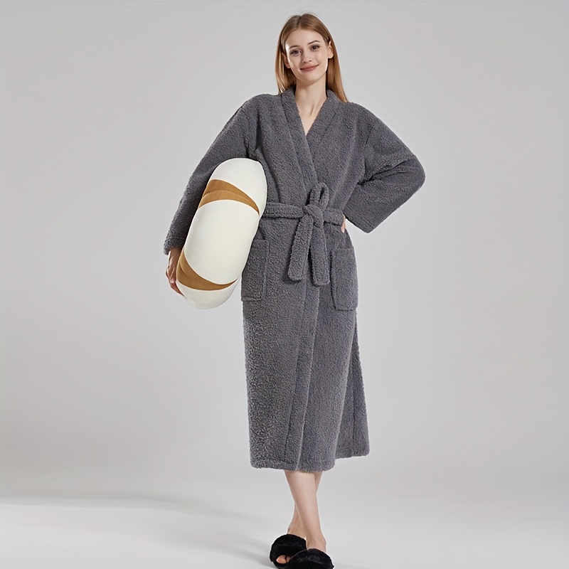 Comfortable Soft Bathrobe Long Sleeve Fuzzy Lounge Robe - Temu