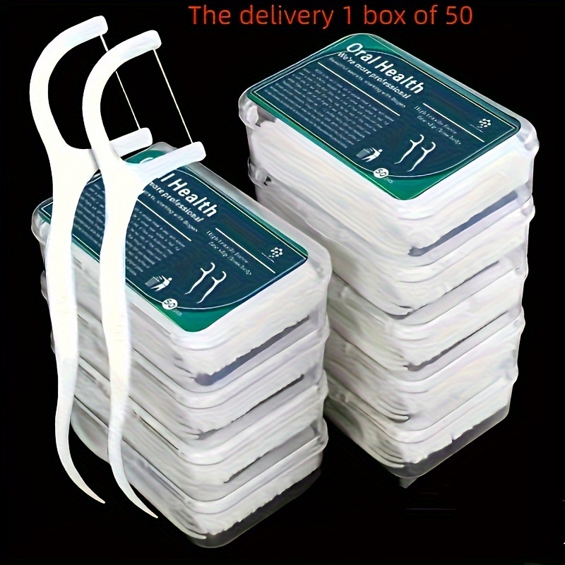1box(50pcs) Ultra-Fine Disposable Dental Floss Sticks - Smooth & Thin Toothpick Line for Oral Care, Portable Family Packaging, Green & White Design, Portable Oral Care | Individual Wrap Floss | Highquality Floss, Flossers for Teeth