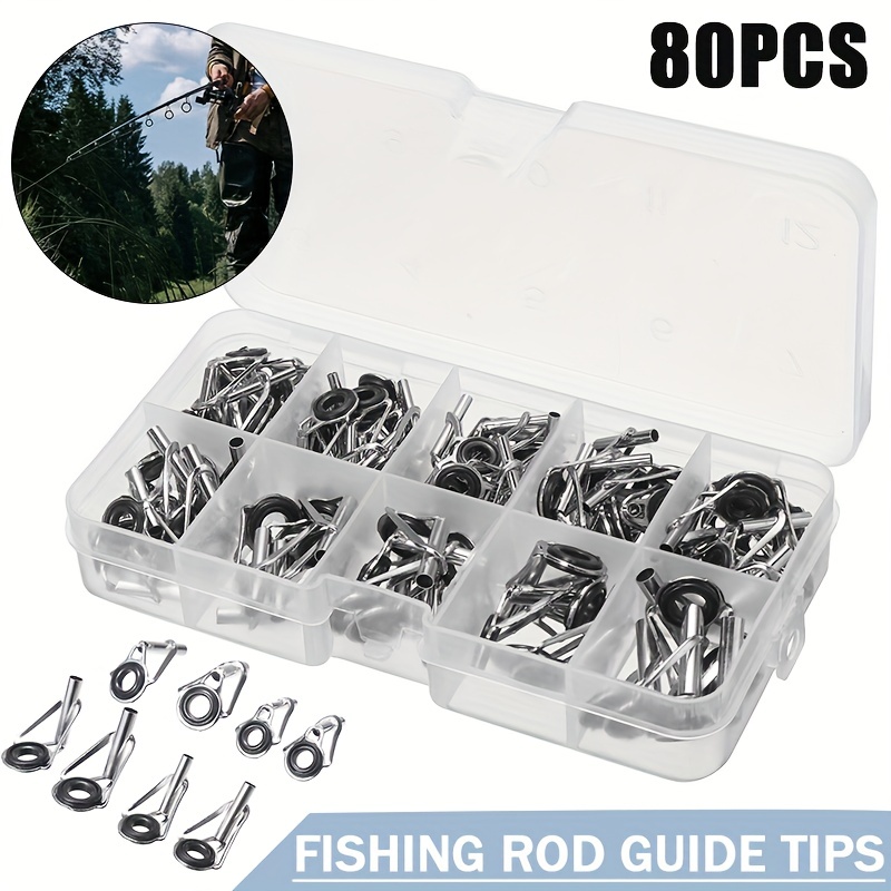 80pcs/box Mixed Sizes Fishing Pole Repair Kit Fishing Rod Guide Tip Line Rings  Eyes Set