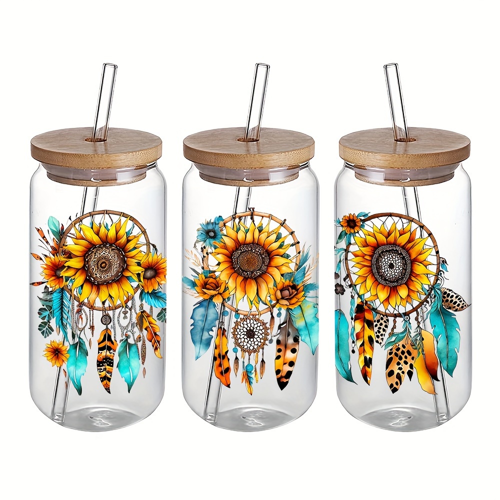DTF UV Cup Wraps Transfers Libbey 16 Oz Glass Cans Boho Blooms Flowers 