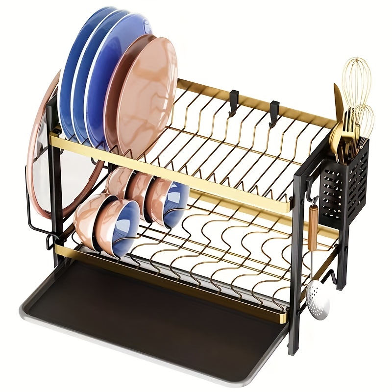 Dish Drying Rack For Kitchen Counter, 2-tier Rust-proof Dish Drying Rack  With Drain Board Hooks, Cutting Board Holder, Dish Rack For Kitchen Counter  With Utensil Holder, Kitchen Utensils, Apartment Essentials, College Dorm