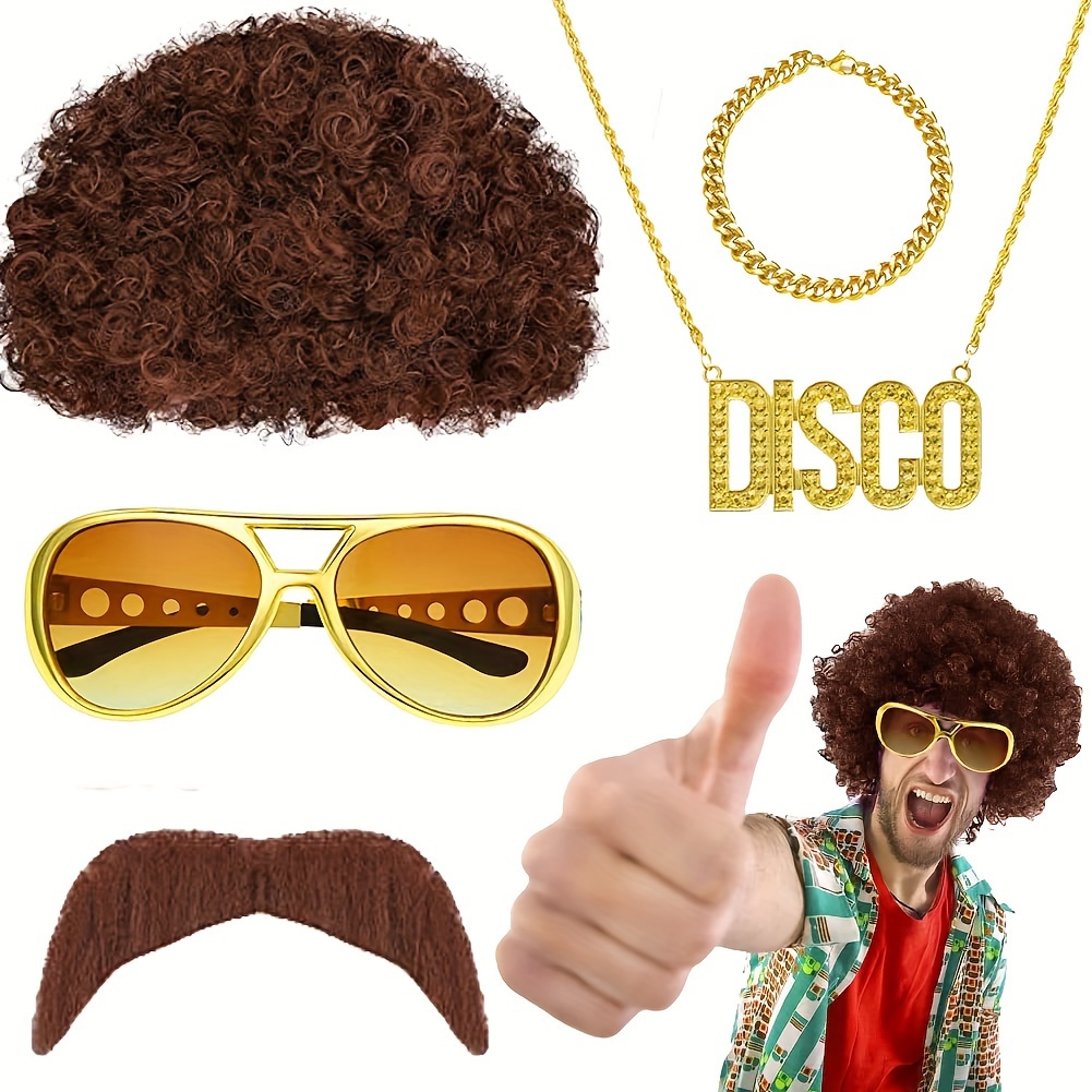 5pcs Vintage Cool Disco Hippie Costume 70s 80s Fancy Dress Accessories  Brown Afro Wig Golden Bracelet Necklace Sunglasses Mustache Halloween Xmas  Cosplay Photo Props Bar Club Rave Larp Party Play Decors Stage
