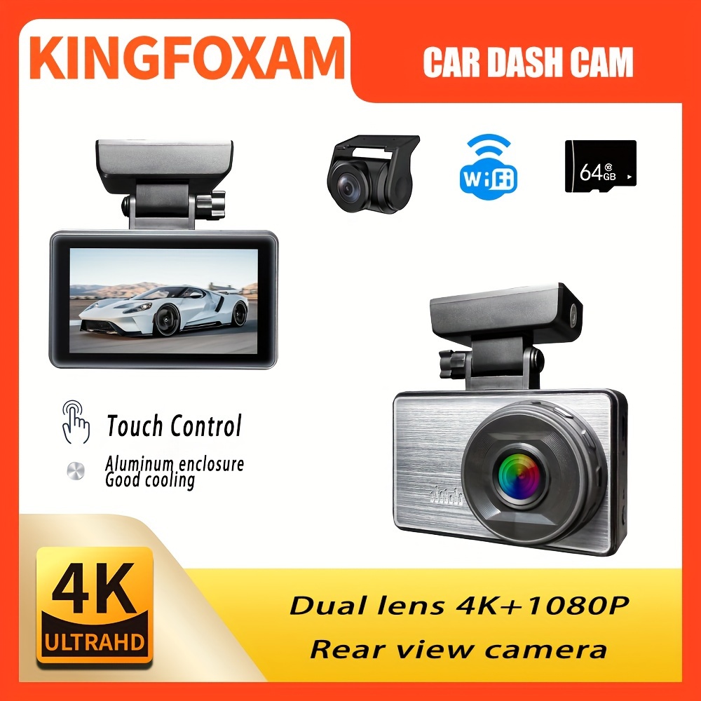 Dash Cam Front and Rear/Inside,4K+1080P WiFi Dual Dash Camera for Cars with  Free 64GB SD Card, 3 IPS Dashboard Camera Recorder,Super Night