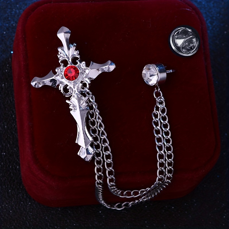 Men's Vintage Cross Brooch - Business Suit Collar Accessory With Chain & Tassel Fringe For Weddings, Banquets, Formal Evening Wear - Emcee Badge