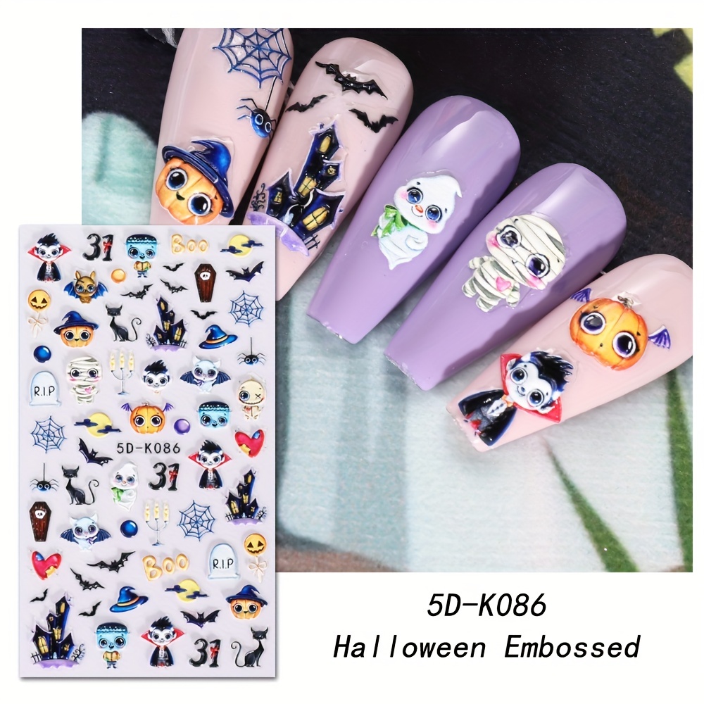 Cute Halloween Nail Art Stickers,5d Stereoscopic Embossed Halloween Skull  Ghost Pumpkin Spider Wet Bat Black Cat Nail Decals,5d Self-adhesive Nail Art  Supplies For Halloween Days Women Girls Diy Nail Decorations - Temu